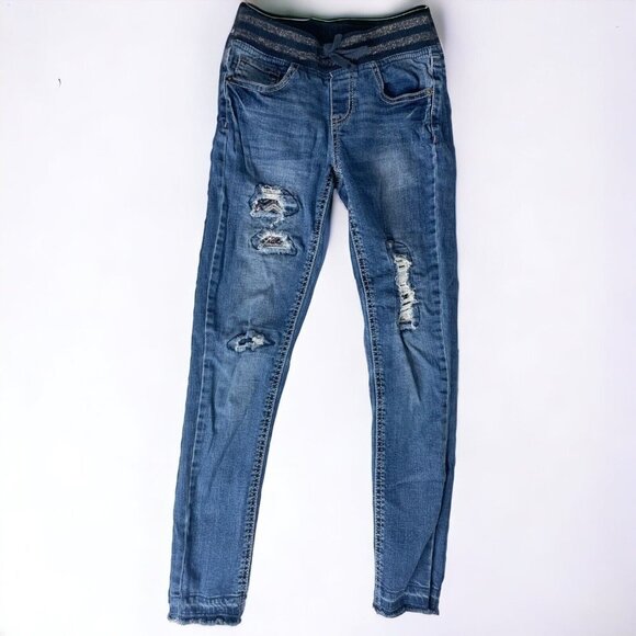 Vanilla Star Size 10 Jeans Pull On Knit Waistband Distressed Aztec Patches - Picture 1 of 12